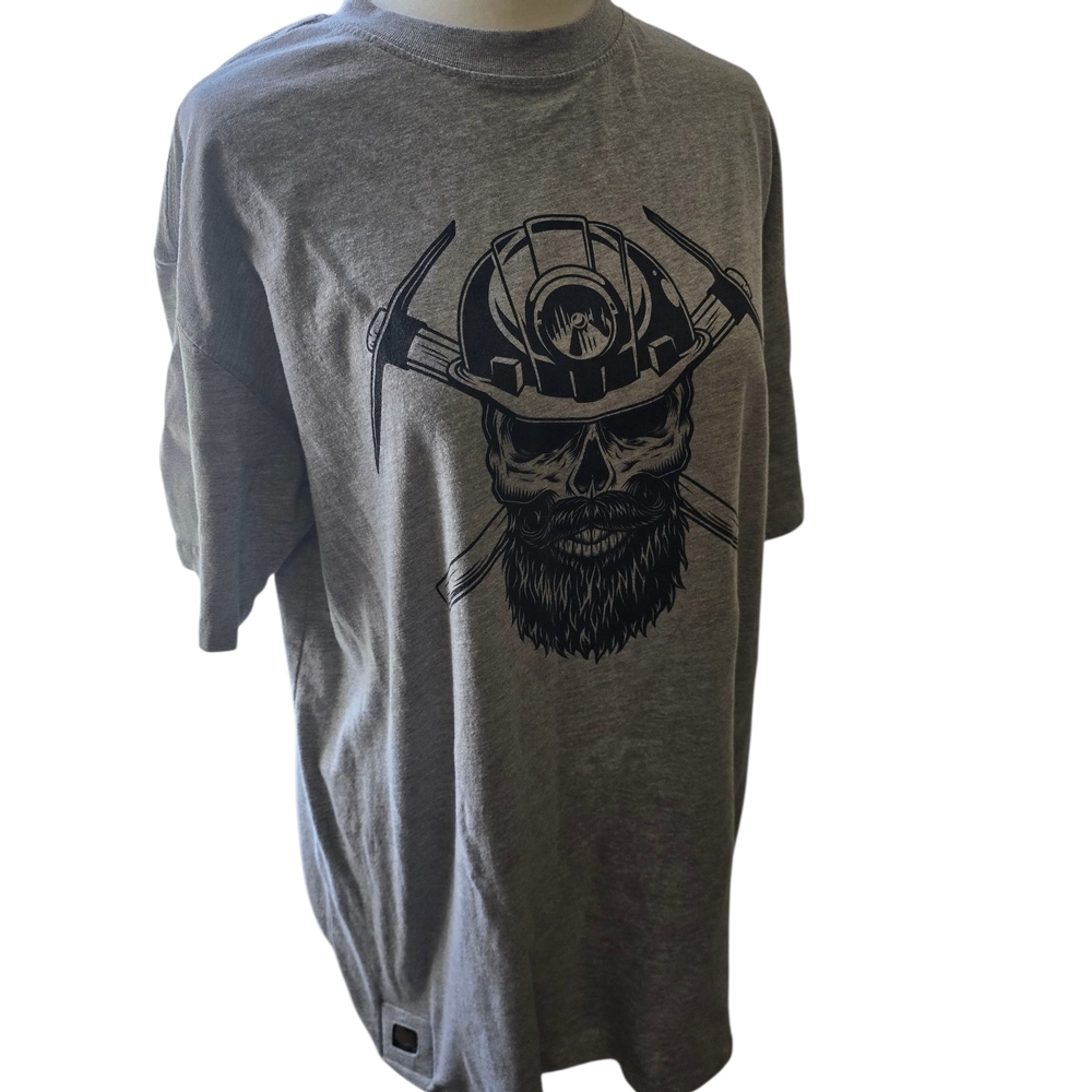 Brew City Pop Top T-Shirt Size Large Gray Miner Skull Pickaxe Bottle Opener Hem